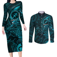 Personalised Polynesia Zodiac Sagittarius Couples Matching Long Sleeve Bodycon Dress and Long Sleeve Button Shirt Galaxy Polynesian Pattern Chest Tattoo Style