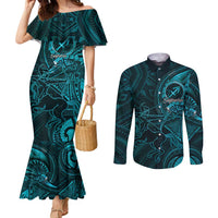 Personalised Polynesia Zodiac Sagittarius Couples Matching Mermaid Dress and Long Sleeve Button Shirt Galaxy Polynesian Pattern Chest Tattoo Style