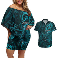 Personalised Polynesia Zodiac Sagittarius Couples Matching Off Shoulder Short Dress and Hawaiian Shirt Galaxy Polynesian Pattern Chest Tattoo Style