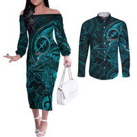Personalised Polynesia Zodiac Sagittarius Couples Matching Off The Shoulder Long Sleeve Dress and Long Sleeve Button Shirt Galaxy Polynesian Pattern Chest Tattoo Style