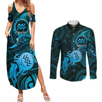 Personalised Polynesia Zodiac Aquarius Couples Matching Summer Maxi Dress and Long Sleeve Button Shirt Galaxy Polynesian Pattern Chest Tattoo Style