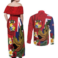 Hawaii And Tonga Couples Matching Off Shoulder Maxi Dress and Long Sleeve Button Shirt Shark Tattoo With Tongan Coat Of Arms LT14 - Polynesian Pride