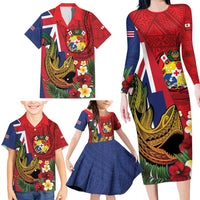 Hawaii And Tonga Family Matching Long Sleeve Bodycon Dress and Hawaiian Shirt Shark Tattoo With Tongan Coat Of Arms LT14 - Polynesian Pride