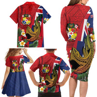 Hawaii And Tonga Family Matching Long Sleeve Bodycon Dress and Hawaiian Shirt Shark Tattoo With Tongan Coat Of Arms LT14 - Polynesian Pride