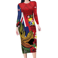 Hawaii And Tonga Family Matching Long Sleeve Bodycon Dress and Hawaiian Shirt Shark Tattoo With Tongan Coat Of Arms LT14 Mom's Dress Red - Polynesian Pride