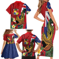 Hawaii And Tonga Family Matching Short Sleeve Bodycon Dress and Hawaiian Shirt Shark Tattoo With Tongan Coat Of Arms LT14 - Polynesian Pride