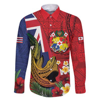 Hawaii And Tonga Family Matching Short Sleeve Bodycon Dress and Hawaiian Shirt Shark Tattoo With Tongan Coat Of Arms LT14 Dad's Shirt - Long Sleeve Red - Polynesian Pride