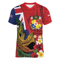 Hawaii And Tonga Women V-Neck T-Shirt Shark Tattoo With Tongan Coat Of Arms