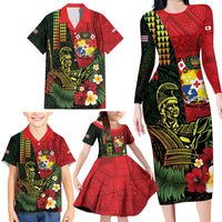 Hawaii And Tonga Family Matching Long Sleeve Bodycon Dress and Hawaiian Shirt King Kamehameha Tribal Ngatu Pattern LT14 - Polynesian Pride
