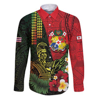 Hawaii And Tonga Family Matching Mermaid Dress and Hawaiian Shirt King Kamehameha Tribal Ngatu Pattern LT14 Dad's Shirt - Long Sleeve Red - Polynesian Pride