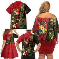 Hawaii And Tonga Family Matching Off Shoulder Short Dress and Hawaiian Shirt King Kamehameha Tribal Ngatu Pattern LT14 - Polynesian Pride