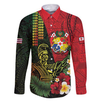 Hawaii And Tonga Family Matching Short Sleeve Bodycon Dress and Hawaiian Shirt King Kamehameha Tribal Ngatu Pattern LT14 Dad's Shirt - Long Sleeve Red - Polynesian Pride