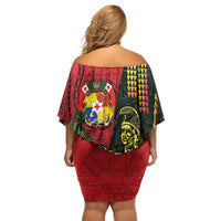 Hawaii And Tonga Off Shoulder Short Dress King Kamehameha Tribal Ngatu Pattern LT14 - Polynesian Pride