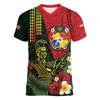 Hawaii And Tonga Women V-Neck T-Shirt King Kamehameha Tribal Ngatu Pattern