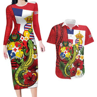 Hawaii And Tonga Couples Matching Long Sleeve Bodycon Dress and Hawaiian Shirt King Kalakaua Tribal Gecko Tongan Ngatu