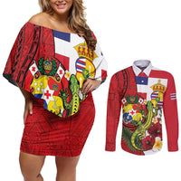 Hawaii And Tonga Couples Matching Off Shoulder Short Dress and Long Sleeve Button Shirt King Kalakaua Tribal Gecko Tongan Ngatu LT14 Red - Polynesian Pride