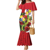 Hawaii And Tonga Family Matching Mermaid Dress and Hawaiian Shirt King Kalakaua Tribal Gecko Tongan Ngatu LT14 Mom's Dress Red - Polynesian Pride