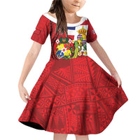 Hawaii And Tonga Family Matching Off Shoulder Short Dress and Hawaiian Shirt King Kalakaua Tribal Gecko Tongan Ngatu LT14 Daughter's Dress Red - Polynesian Pride