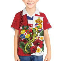 Hawaii And Tonga Family Matching Short Sleeve Bodycon Dress and Hawaiian Shirt King Kalakaua Tribal Gecko Tongan Ngatu LT14 Son's Shirt Red - Polynesian Pride