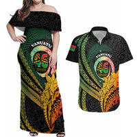 Personalised Vanuatu Independence Day Couples Matching Off Shoulder Maxi Dress and Hawaiian Shirt July 30 Pig Tusk Long God Yumi Stanap LT14 Black - Polynesian Pride