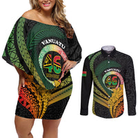 Personalised Vanuatu Independence Day Couples Matching Off Shoulder Short Dress and Long Sleeve Button Shirt July 30 Pig Tusk Long God Yumi Stanap LT14 Black - Polynesian Pride