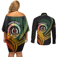 Personalised Vanuatu Independence Day Couples Matching Off Shoulder Short Dress and Long Sleeve Button Shirt July 30 Pig Tusk Long God Yumi Stanap LT14 - Polynesian Pride