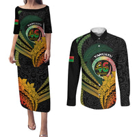 Personalised Vanuatu Independence Day Couples Matching Puletasi and Long Sleeve Button Shirt July 30 Pig Tusk Long God Yumi Stanap