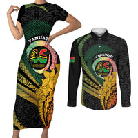 Personalised Vanuatu Independence Day Couples Matching Short Sleeve Bodycon Dress and Long Sleeve Button Shirt July 30 Pig Tusk Long God Yumi Stanap LT14 Black - Polynesian Pride