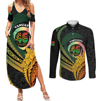 Personalised Vanuatu Independence Day Couples Matching Summer Maxi Dress and Long Sleeve Button Shirt July 30 Pig Tusk Long God Yumi Stanap LT14 Black - Polynesian Pride