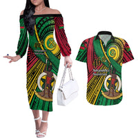 Halo Vanuatu Couples Matching Off The Shoulder Long Sleeve Dress and Hawaiian Shirt Happy 46th Independence Anniversary LT14 Black - Polynesian Pride