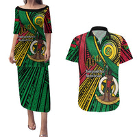 Halo Vanuatu Couples Matching Puletasi and Hawaiian Shirt Happy 46th Independence Anniversary LT14 Black - Polynesian Pride
