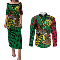 Halo Vanuatu Couples Matching Puletasi and Long Sleeve Button Shirt Happy 46th Independence Anniversary LT14 Black - Polynesian Pride