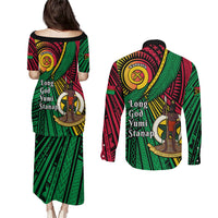 Halo Vanuatu Couples Matching Puletasi and Long Sleeve Button Shirt Happy 46th Independence Anniversary LT14 - Polynesian Pride