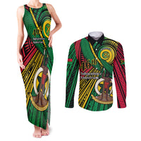 Halo Vanuatu Couples Matching Tank Maxi Dress and Long Sleeve Button Shirt Happy 46th Independence Anniversary LT14 Black - Polynesian Pride