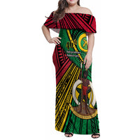 Halo Vanuatu Family Matching Off Shoulder Maxi Dress and Hawaiian Shirt Happy 46th Independence Anniversary LT14 Mom's Dress Black - Polynesian Pride