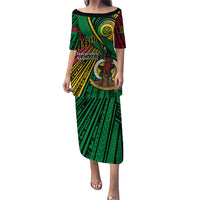 Halo Vanuatu Family Matching Puletasi and Hawaiian Shirt Happy 46th Independence Anniversary LT14 Mom's Dress Black - Polynesian Pride