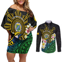 Lalawigan ng Palawan Couples Matching Off Shoulder Short Dress and Long Sleeve Button Shirt Philippines Province Land of Promise LT14 Black - Polynesian Pride