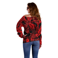Personalised Polynesian Off Shoulder Sweater Tribal Honu Turtle with Hibiscus Red Version LT14 - Polynesian Pride