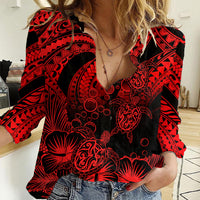 Personalised Polynesian Women Casual Shirt Tribal Honu Turtle with Hibiscus Red Version LT14 Female Red - Polynesian Pride