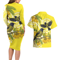 Bellbird New Zealand Couples Matching Long Sleeve Bodycon Dress and Hawaiian Shirt Korimako Kowhai Maori Pattern LT14 - Polynesian Pride