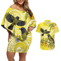 Bellbird New Zealand Couples Matching Off Shoulder Short Dress and Hawaiian Shirt Korimako Kowhai Maori Pattern LT14 Yellow - Polynesian Pride