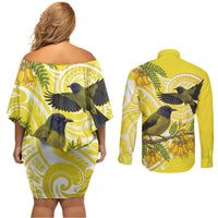 Bellbird New Zealand Couples Matching Off Shoulder Short Dress and Long Sleeve Button Shirt Korimako Kowhai Maori Pattern