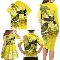 Bellbird New Zealand Family Matching Long Sleeve Bodycon Dress and Hawaiian Shirt Korimako Kowhai Maori Pattern LT14 - Polynesian Pride