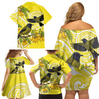 Bellbird New Zealand Family Matching Off Shoulder Short Dress and Hawaiian Shirt Korimako Kowhai Maori Pattern LT14 - Polynesian Pride