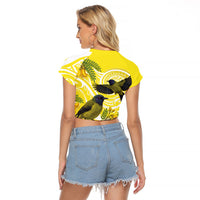 Bellbird New Zealand Raglan Cropped T Shirt Korimako Kowhai Maori Pattern