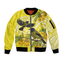 Bellbird New Zealand Sleeve Zip Bomber Jacket Korimako Kowhai Maori Pattern