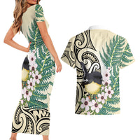 Endemic Tomtit New Zealand Couples Matching Short Sleeve Bodycon Dress and Hawaiian Shirt Miromiro Manuka Silver Fern Maori Pattern LT14 - Polynesian Pride