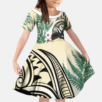 Endemic Tomtit New Zealand Family Matching Long Sleeve Bodycon Dress and Hawaiian Shirt Miromiro Manuka Silver Fern Maori Pattern LT14 Daughter's Dress Cream - Polynesian Pride