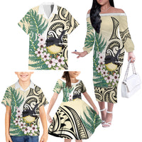 Endemic Tomtit New Zealand Family Matching Off The Shoulder Long Sleeve Dress and Hawaiian Shirt Miromiro Manuka Silver Fern Maori Pattern LT14 - Polynesian Pride