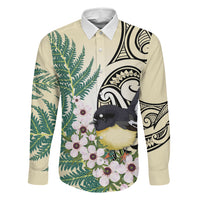 Endemic Tomtit New Zealand Family Matching Off The Shoulder Long Sleeve Dress and Hawaiian Shirt Miromiro Manuka Silver Fern Maori Pattern LT14 Dad's Shirt - Long Sleeve Cream - Polynesian Pride